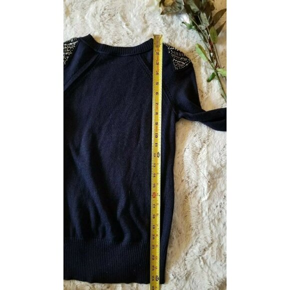Loft Wool Blend Navy Blue Decorated Sequin Shoulder Sweater Size XS - Picture 7 of 8